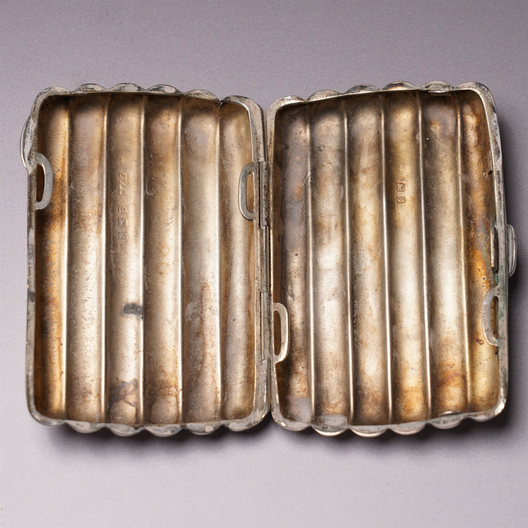 Edwardian engraved silver visiting card case Birmingham 1902 Maker Arthur Cook, silver cheroot case Birmingham 1906 Maker John Thompson & Sons, small silver sweetmeat dish, pair of shell salts, vesta case and a Norwegian silver fork by Th. Marthinsen