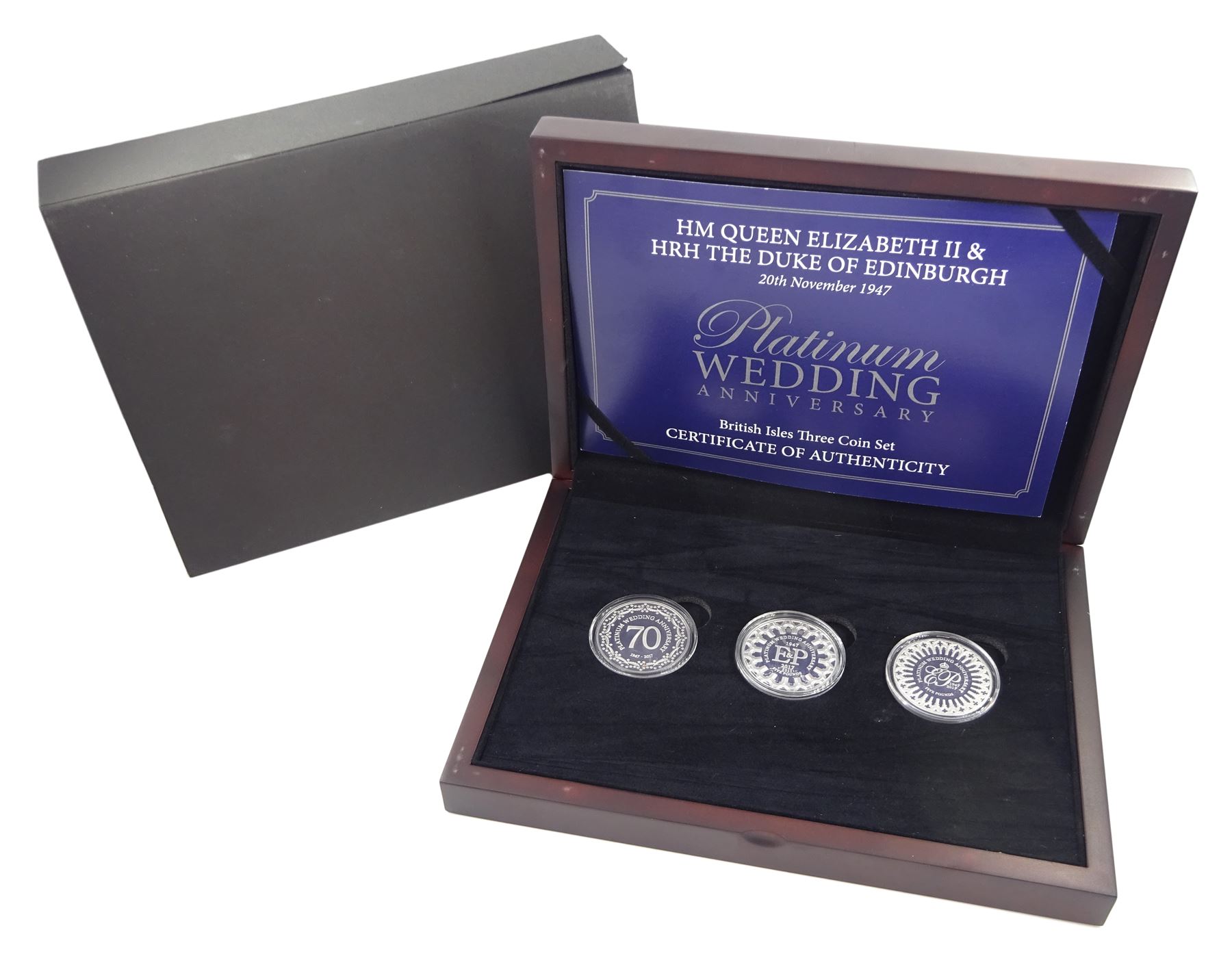 Queen Elizabeth II 2017 '20th November 1947 Platinum Wedding Anniversary' platinum three coin set, comprising Isle of Man, Bailiwick of Jersey and Bailiwick of Guernsey five pound coins, each weighing 39.94 grams minted in 995/1000 platinum, cased with certificate 