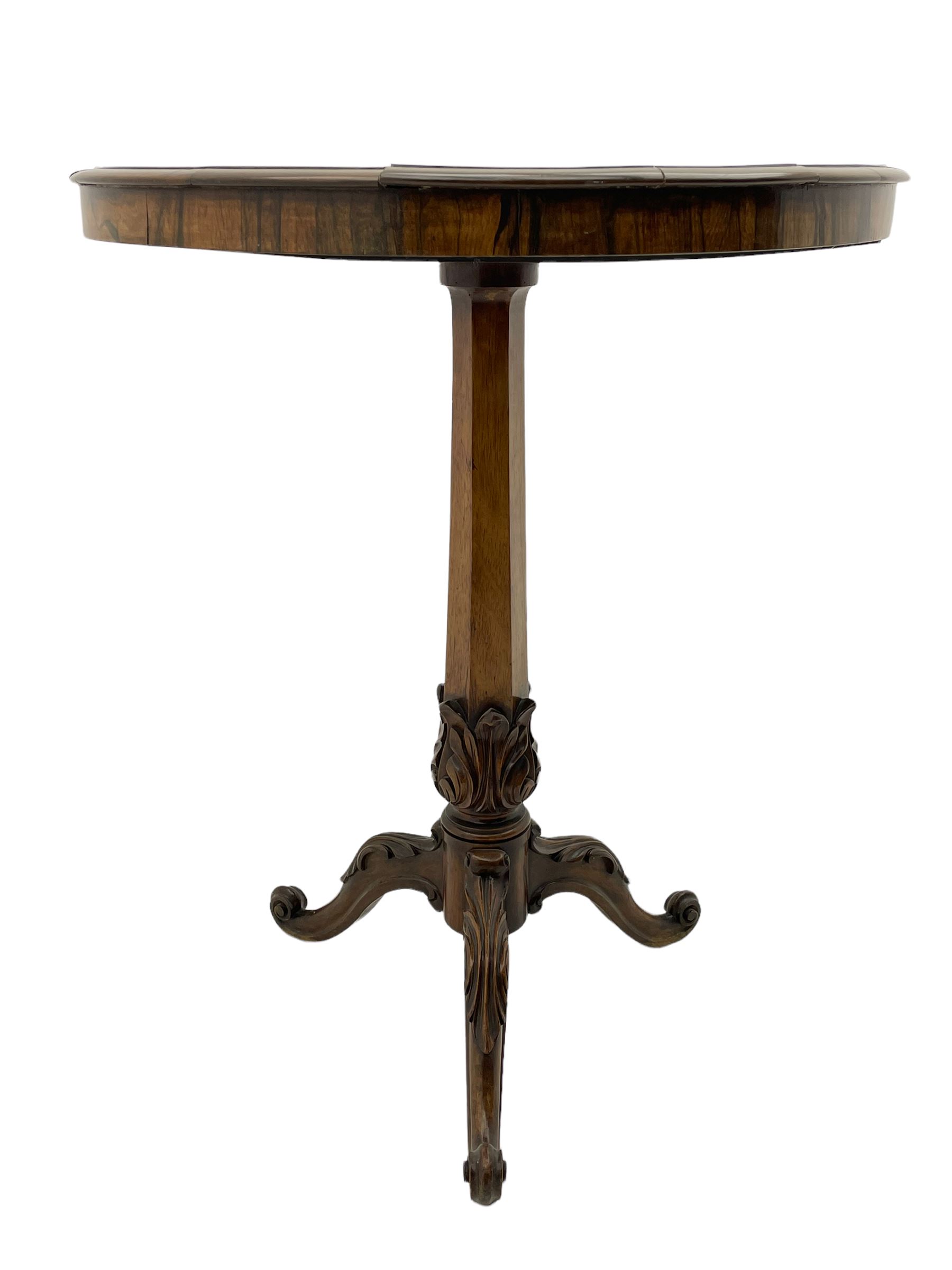 Early Victorian rosewood tripod pedestal table, circular moulded top hand painted with flowers and birds on slate, on tapered hexagonal column with carved acanthus leaf baluster, three splayed supports carved with foliage and scrolling terminals 