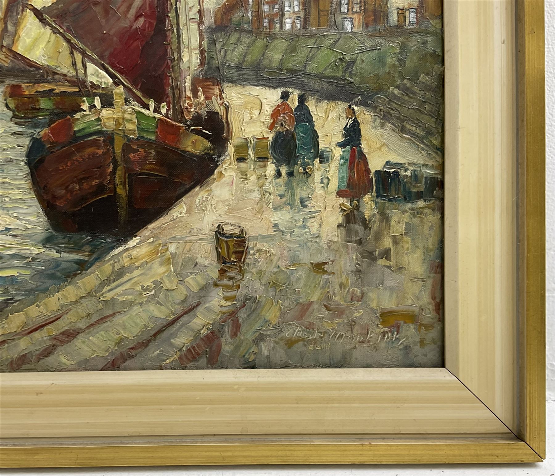 Claude Montier (20th Century): Figures and Ships Along the Promenade, oil on canvas signed 59cm x 79cm