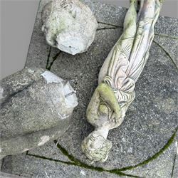 Small cast stone female figure with two fountains and other items