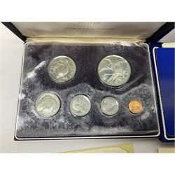 Four British Virgin Islands proof coin sets, comprising First Coinage of the British Virgin Islands 1973 proof six coin set, containing silver one dollar coin, 1977 and 1979 proof sets, containing high denomination silver coins, and The Royal Coronation Jubilee 1977 six coin silver proof set, each minted at the Franklin Mint, all cased with certificates, and a Solomon Islands 1978 proof seven coin set, containing silver five dollar coin, minted at the Franklin Mint, cased with certificate (5)