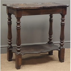  Victorian carved oak two tier table, shaped top, turned supports joined by undertier, W76cm, H75cm, D45cm  