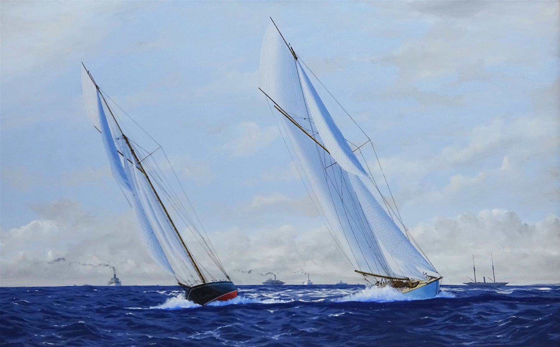 James Miller (British 1962-): America's Cup Series the 8th Challenge 1893 'Valkyrie II' & 'Vigilant', oil on canvas signed, titled verso 44cm x 70cm