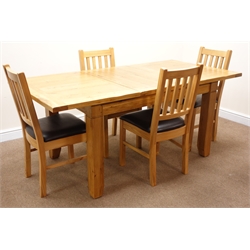  Solid light oak extending dining table, square supports (W182cm, H76cm, D90cm) and set four chairs, upholstered seat, square supports (W45cm) (5)  