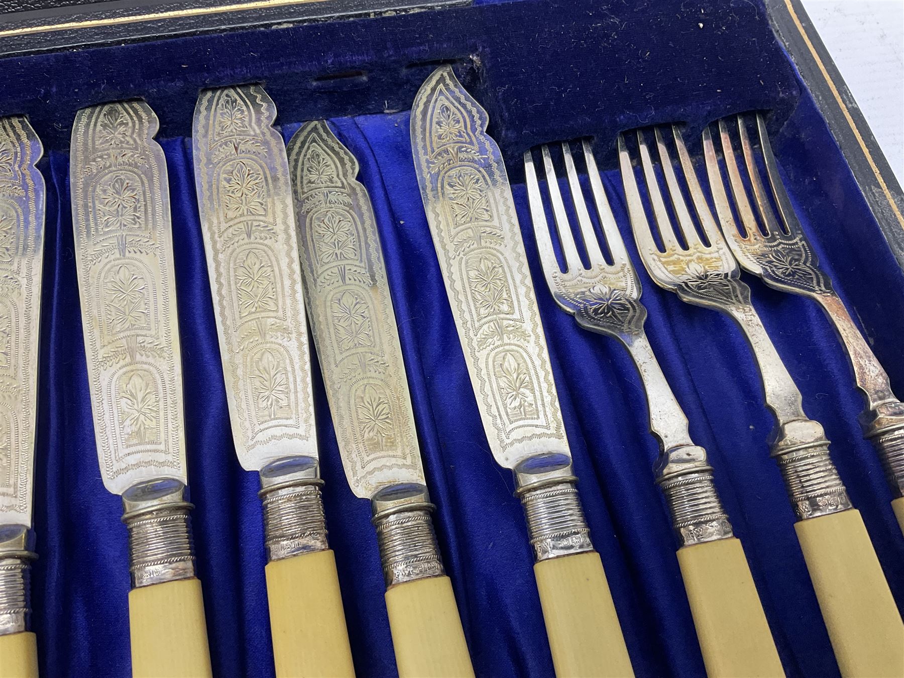 Set of six EPNS fish knives and forks with ivorine handles and hallmarked silver ferrules, boxed, together with a tapering glass decanter with hallmarked silver collar and pair of cut glass salts with hallmarked silver collars, decanter H32cm