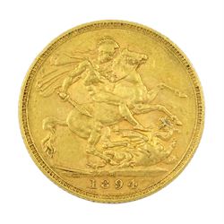 Queen Victoria 1894 full gold sovereign coin, Melbourne mint