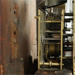 Lister of Halifax -  Oak cased musical longcase clock c1790, 8-day movement sounding the quarters and hours on bells or gong rods, case with a flat pediment and oval  conch inlay beneath, break arch hood door with reeded pilasters and brass Corinthian capitals, trunk with conforming quarter recessed pillars and a long wavy topped door, plinth with a raised panel and applied moulding the the base, break arch brass dial with cast spandrels and engraved dial centre, with a silvered chapter, seconds dial and cartouche with makers name, gongs or bells selector to the arch, chapter with Roman numerals, five minute Arabic's, minute track and steel moon hands, dial pinned directly to a three train weight driven movement with a nest of eight bells and eight gong rods, sounding the hours on either bells or gong rods, with a rack strike and recoil anchor escapement. With pendulum and weights.
The Lister family were a prodigious family of prolific clockmakers working in Halifax and the West Riding area of Yorkshire during the 18th and 19th century, well-known and noted for producing a number of chiming and musical longcase clocks.