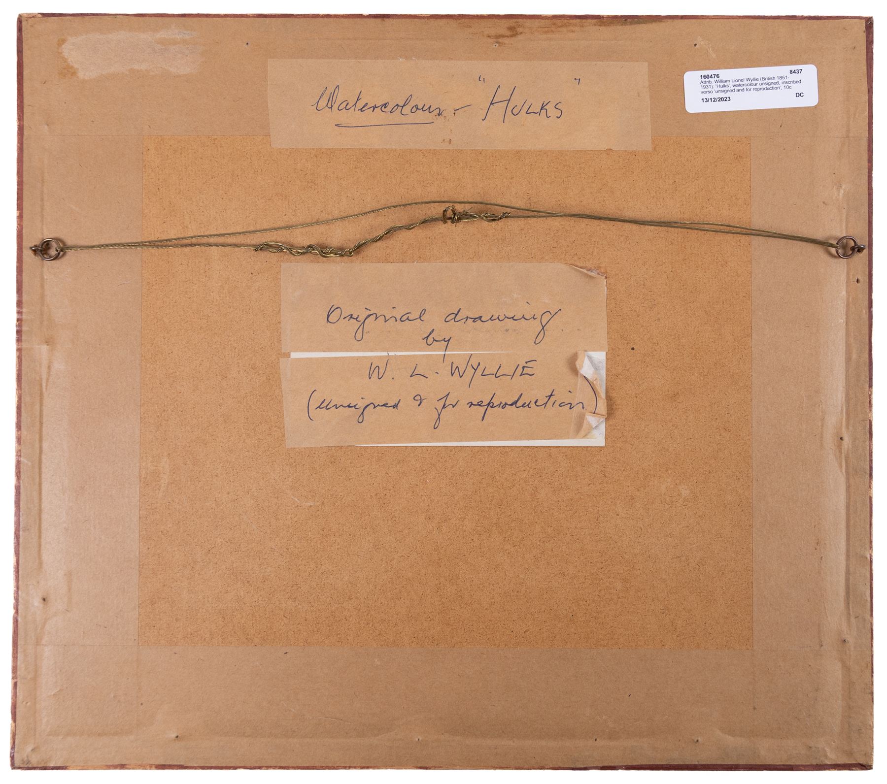 Attrib. William Lionel Wyllie (British 1851-1931): 'Hulks', watercolour unsigned, inscribed verso 'unsigned and for reproduction', 10cm x 15cm 