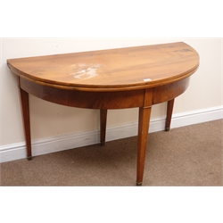  French walnut demi lune table, square tapering brass capped supports, W130cm, H73cm, D126cm  