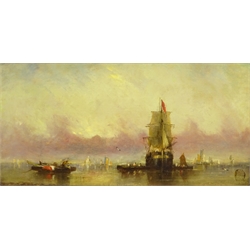  Attrib. William Adolphus Knell (British 1805-1875): Shipping at Sunset, oil on canvas unsigned 19cm x 39cm  