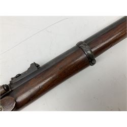 19th century Adams Patent Arms Company London (marked on top of action) .577 Snider action gun, the 94cm rifled barrel with ramrod under, the lock indistinctly inscribed 'Field 1860' (?), full walnut stock with three barrel bands, brass fittings and indistinct impressed mark, L140cm
