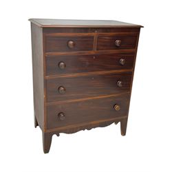 Victorian mahogany chest, rectangular top with moulded edge over two short and three long cockbeaded graduated drawers, on shaped bracket feet