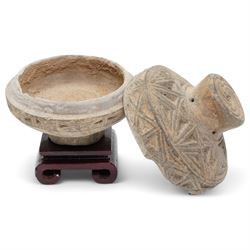 Chinese Western Han Dynasty pierced and carved earthenware incense burner,  c.206BC-24AD, on hardwood stand, H12.5cm 