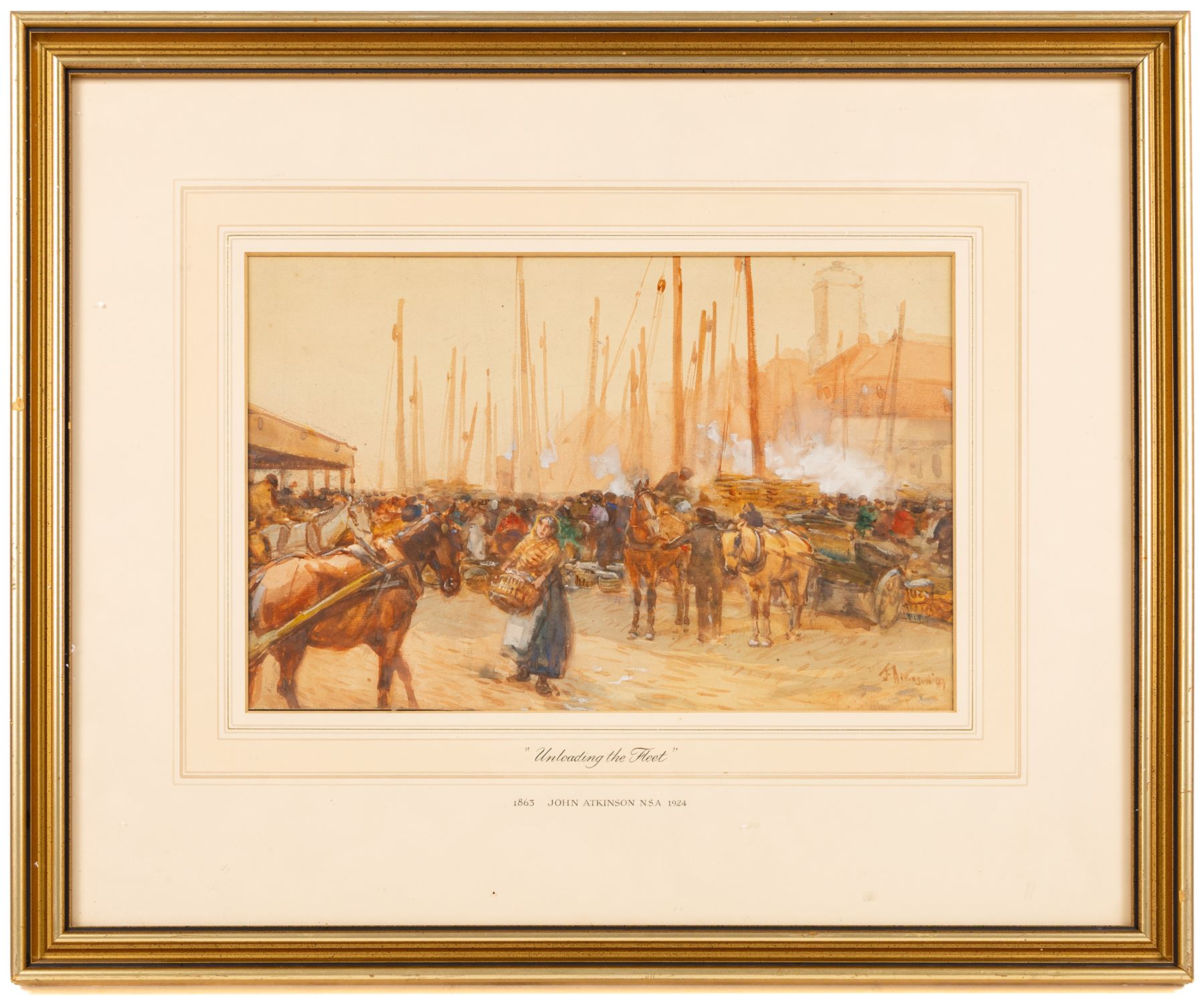 John Atkinson (Staithes Group 1863-1924): 'Unloading the Fleet' at North Shields, watercolour signed and dated '07, 22cm x 34cm