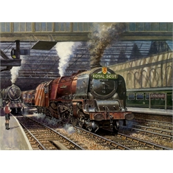 Robert Nixon (British 1955-): The Royal Scot 'Duchess of Sutherland' in Carlisle Railway Station, oil on canvas signed and dated '20, 75cm x 100cm