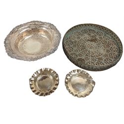 Silver plated bowl, with engraved decoration and cast rim, two silver plated baskets and a pierced tray