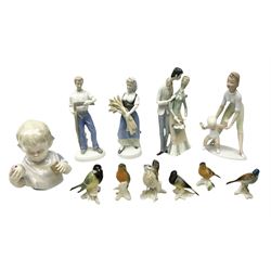 Six Karl Ens figures of birds, together with a Wallendorf figure of mother and child and four, Kunstporzellan bust of a baby and three other figure groups, tallest example H27cm
