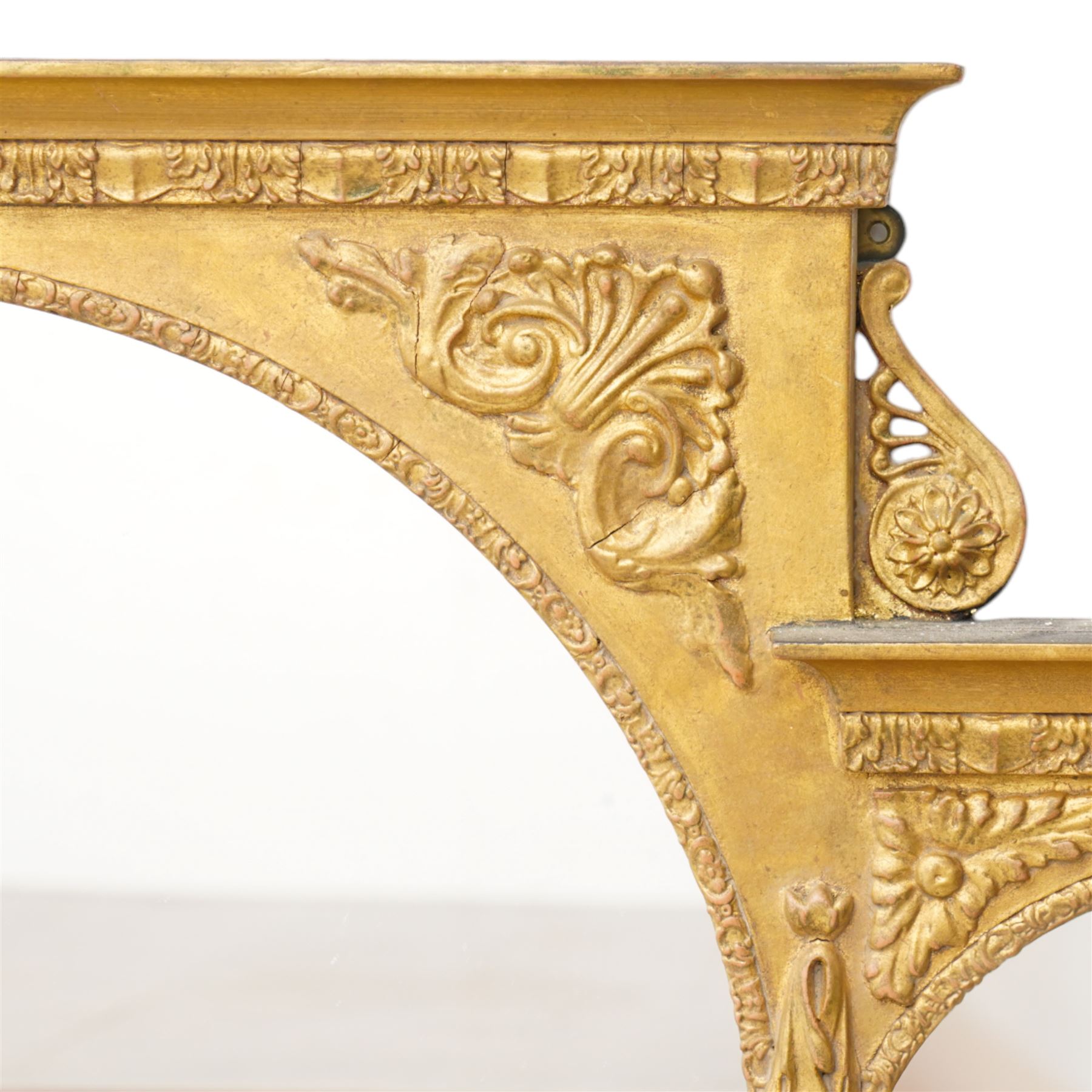 Neoclassical design gilt tripartite overmantel mirror with elaborate architectural elements, moulded with acanthus motifs and foliate inner slip, circa 1900
