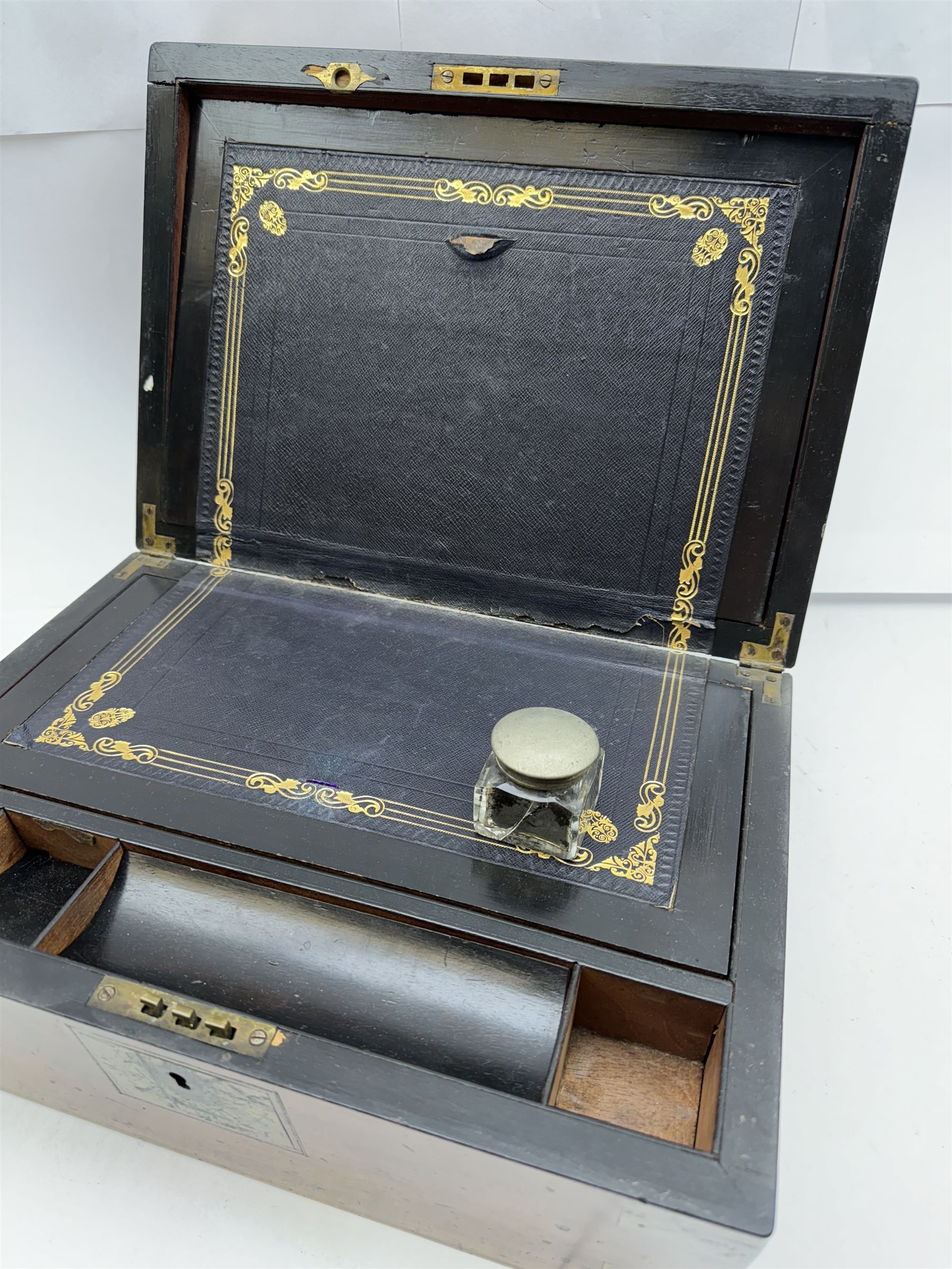 19th century walnut brass bound writing slope, opening to reveal with leather bound interior, H17cm, W35cm