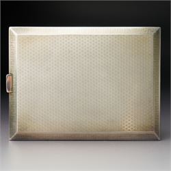 Royalty Interest - Engine turned silver cigarette case with gold crowned cypher, the gilded interior with a greetings card signed 'Edward' and an Egyptian cigarette 11cm x 8cm Birmingham 1925 Maker Adie Bros. Ltd in the original gilt tooled leather case marked 'Hartley, 45 Albemarle St., London'