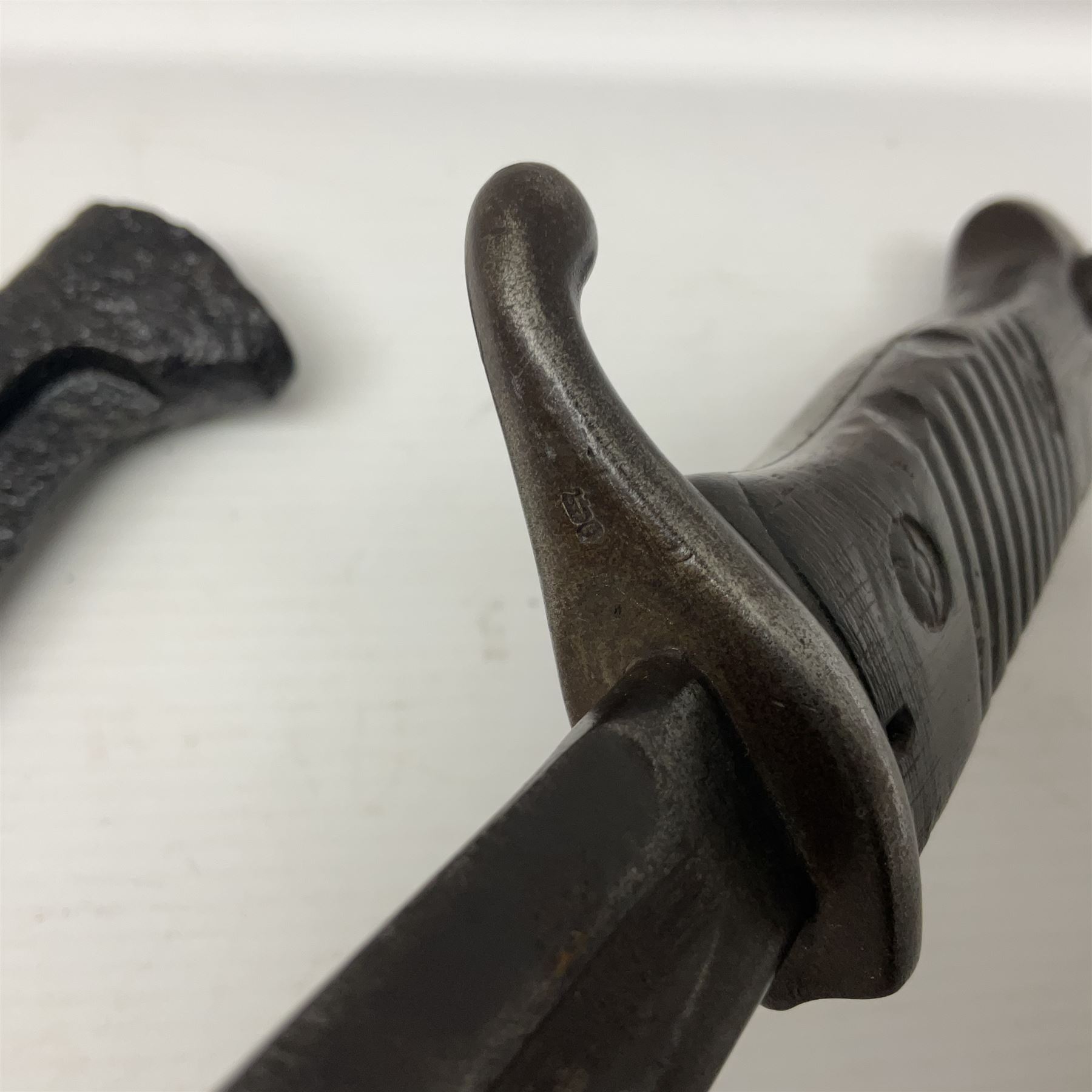 WWI Prussian S98 bayonet with 52cm fullered steel blade dated 1906 to pipeback and marked Solingen to ricasso, regimentally stamped to cross guard 56.R.11.2. for 56 Infanterie Regiment, 11 Kompanie, Waffe 2, L65cm overall; and another in battlefield relic condition (2)