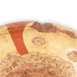 Spanish twin handled cooking pot, blackened to the outside, together with two bowls with slipware glaze, pot H22cm 