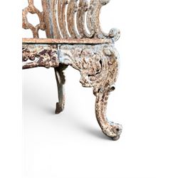 Victorian revival Carron Foundry design heavy cast iron two seat garden bench, scrolled arms with pierced lattice seat, finished in antique white paint