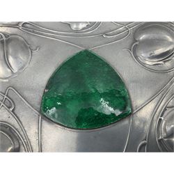 Liberty & Co Tudric pewter Bollelin tray, designed by Archibald Knox, of circular form with shaped edge, cast in relief with foliate tendrils surrounding a green enamel cartouche, impressed beneath Made by Library & Co English Pewter 044, D25.5cm