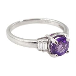 18ct white gold round cut purple sapphire ring, with two baguette cut diamonds set either side, stamped 750, sapphire approx 1.00 carat