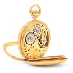 Early 20th century 18ct gold open face keyless lever fob watch, white enamel dial with Roman numeral hour markers, engraved foliate case, the cartouche monogrammed with initials HA, stamped 18K with Helvetia hallmark