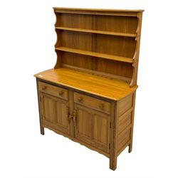 Ercol - golden dawn light elm dresser, plate rack above two drawers and two cupboard doors with sliding wooden lock mechanism 