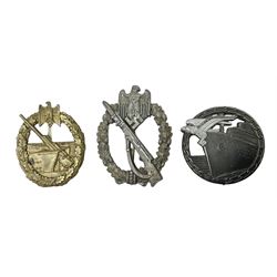 Three WW2 German badges comprising Blockade Runner War Badge and Coastal Artillery badge, both marked 'Fec Otto Placzec Berlin'; and Infantry Assault Badge; all with fixing pins (3)