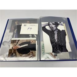 Two folders of over fifty photographs, cards, compliment slips etc of actors, actresses, celebrities, politicians, sports personalities etc, all bearing signatures, including David Frost, Lloyd Grosman, John Suchet, Julia Somerville and othe GMTV presenters, Carol Vorderman, Jackie Collins, Rolf Harris, Timothy Dalton, Pete Postlethwaite, Magnus magnusson, John Major, Kate Moss, Uri Geller, David Beckham, Peter Alliss, Sharon Davies, Kevin Keegan etc