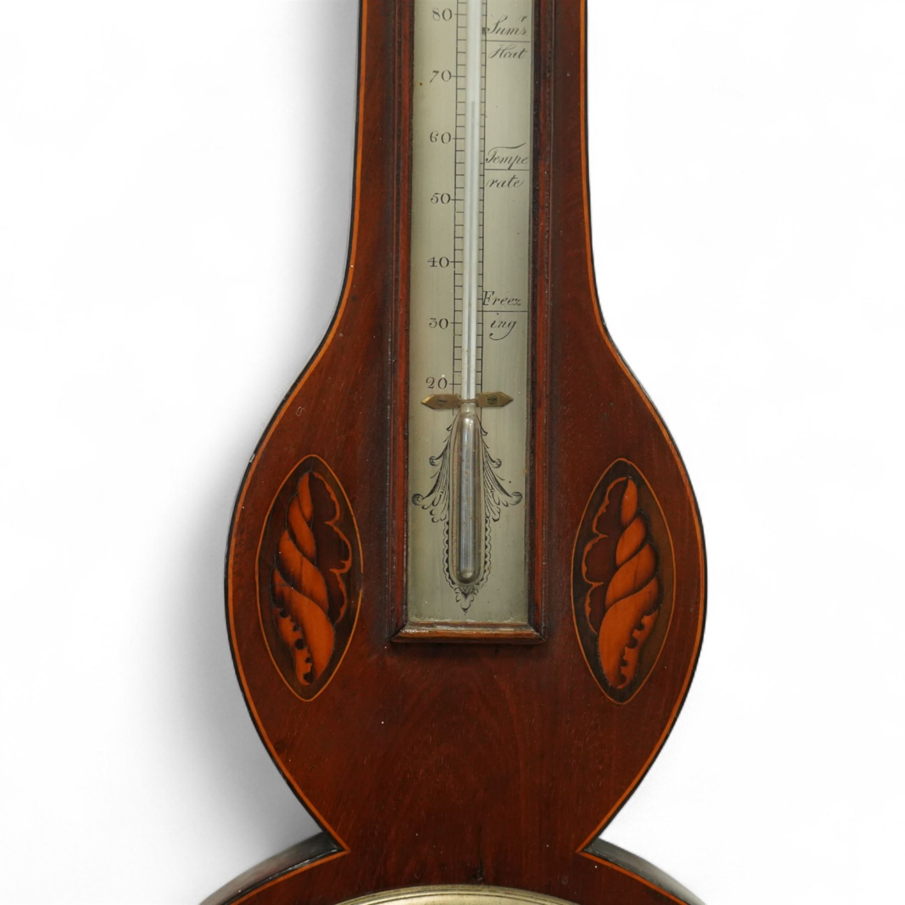  Comoli & Nolli of Edinburgh-early 19th century Sheraton mercury barometer c1820, with a broken arch pediment, brass finial and round base, mahogany case with stringing to the edge, oval conche and round petal inlay, with a boxed surface mounted mercury thermometer and silvered 8