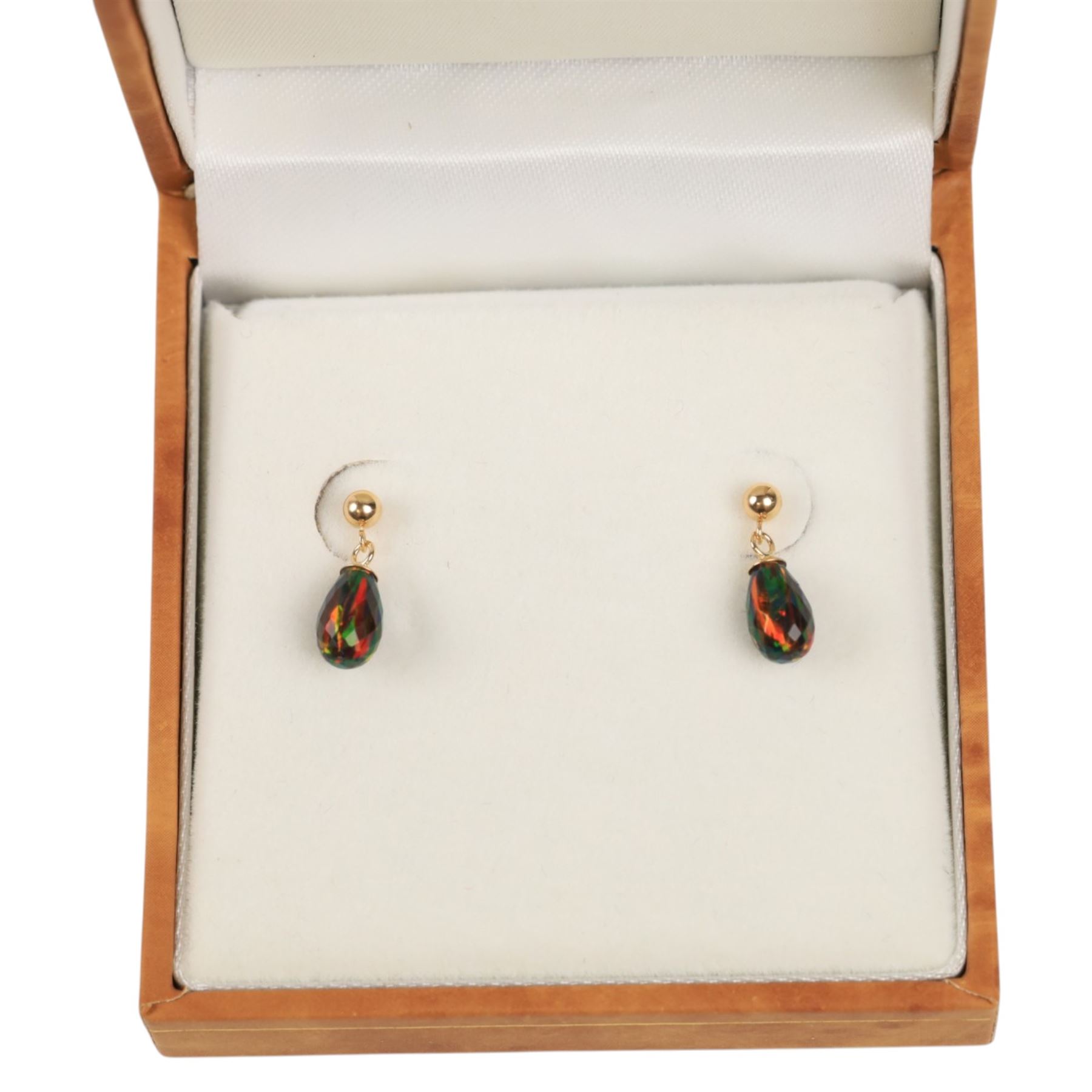 Pair of 9ct gold opal pendant earrings, boxed
