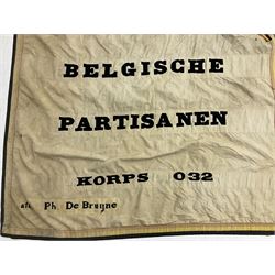 WW2 Belgian Partisan/Resistance two-sided banner embroidered in black on a cream ground 'Belgische Partisanen Korps 032 afd: Ph: De Bruyne' within a Belgian flag border; on wooden pole with gilded metal lion and laurel wreath finial