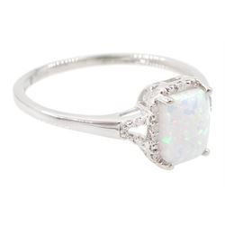 9ct white gold opal and diamond cluster ring, with diamond set shoulders, hallmarked