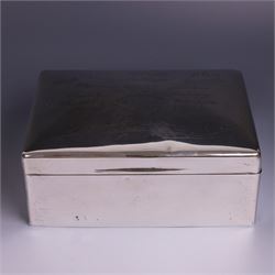 WWII silver mounted cigarette box, of rectangular form, the hinged cover inscribed 'presented to Major & Mrs James Bennett on the occasion of their marriage by the officers of the Liverpool Wardens Service October 1944' and engraved with twenty-four signatures of the officers, with softwood interior, hallmarks worn and indistinct, H7.5cm, W19cm