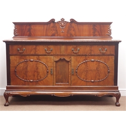  Late 19th century mahogany sideboard, raised shaped back with floral and urn carving, two drawers and two cupboards, acanthus carved ball and claw feet, W170cm, H143cm, D60cm  