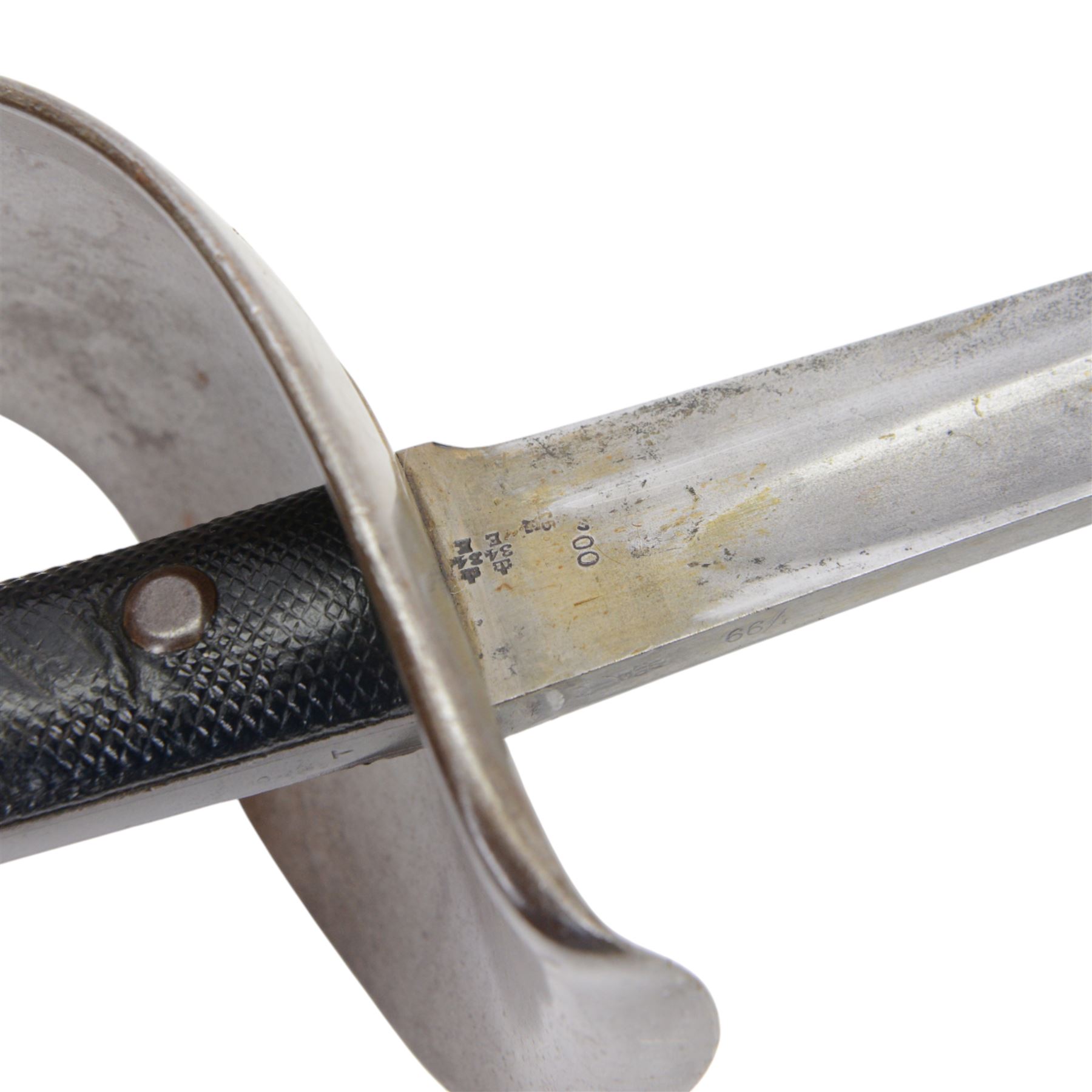 British 17th Lancers, Duke of Cambridge Own, 1899 cavalry sword, with L83cm single-edged slightly curved blade, top of blade etched '30E', broad sheet steel bowl hilt with chequered black leather grip scales, the steel two ring scabbard engraved 2/09 O.T.C , overall L104cm