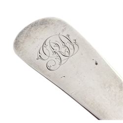 George III silver Old English pattern ladle, with engraved monogram to terminal, bottom struck, hallmarked John Lambe, London 1780, approximate silver weight 5.59 ozt (174 grams)