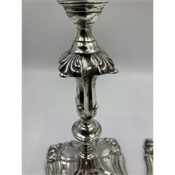 Pair of late Victorian silver mounted candlesticks, each of knopped and part fluted form, upon square stepped base with anthemions to each corner, with conforming sconces, hallmarked to removable sconces and foot, Thomas A Scott, Sheffield 1901, H25.2cm