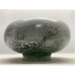 Wooden hand painted bowl, decorated with trees on a blue ground, signed Phil Crennell beneath, D28cm