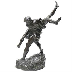 After Jef Lambeaux (Belgian 1852-1908): 'The Wrestlers' (Les Lutteurs), early 20th-century bronze group depicting two Hellenic classically nude male figures engaged in a violent athletic struggle or pankration event, on a naturalistic base signed, H63cm
Notes: the composition may plausibly be interpreted as Hercules and Antaeus, the mythological combat in which Hercules overcomes Antaeus by lifting him from the earth, thereby depriving him of his strength
