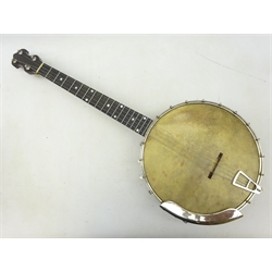 Four string 19 fret Tenor banjo, with plated resonator and mounts, skin D27cm with case   