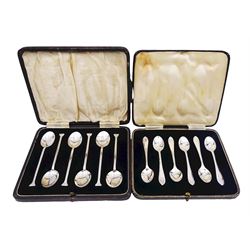 Set of six 1930's silver coffee spoons, hallmarked Thomas Bradbury & Sons Ltd, Sheffield 1939, together with a set of six mid 20th century silver coffee spoons, hallmarked Roberts & Dore Ltd, Birmingham 1941, each contained within a fitted case, approximate total silver weight 3.17 ozt (98.5 grams)