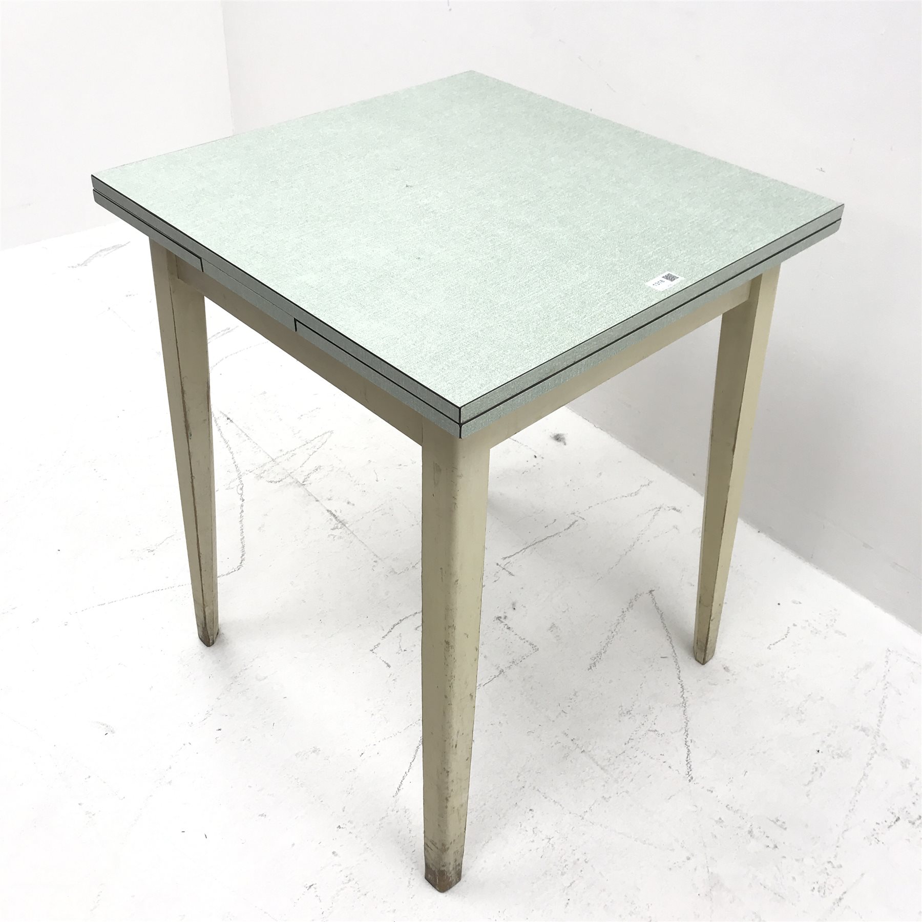 Vintage Formica drawer leaf extending kitchen table, square tapering supports, W107cm, H77cm, D61cm