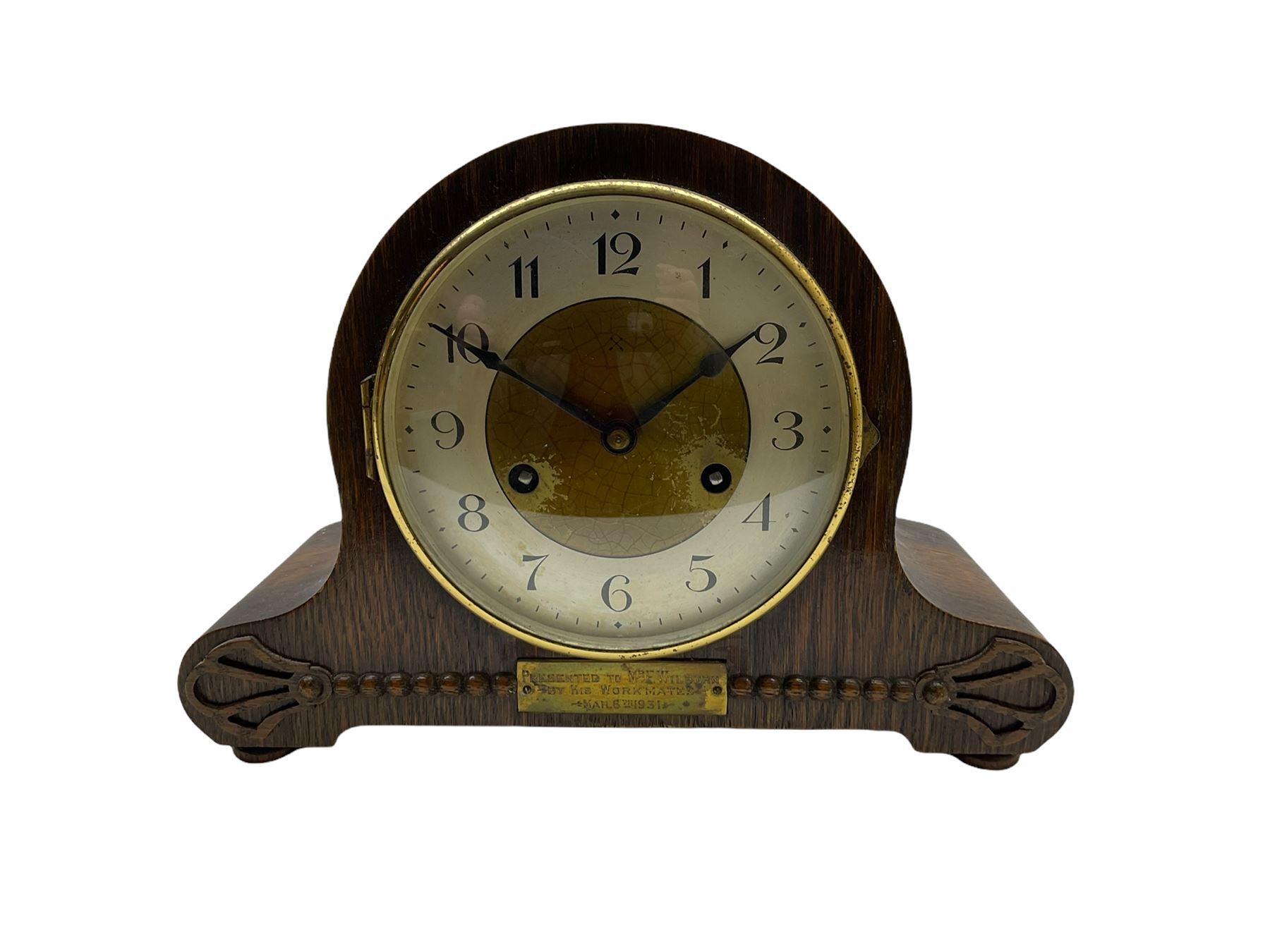 An oak cased 1930’s eightday German mantle clock manufactured by HAC