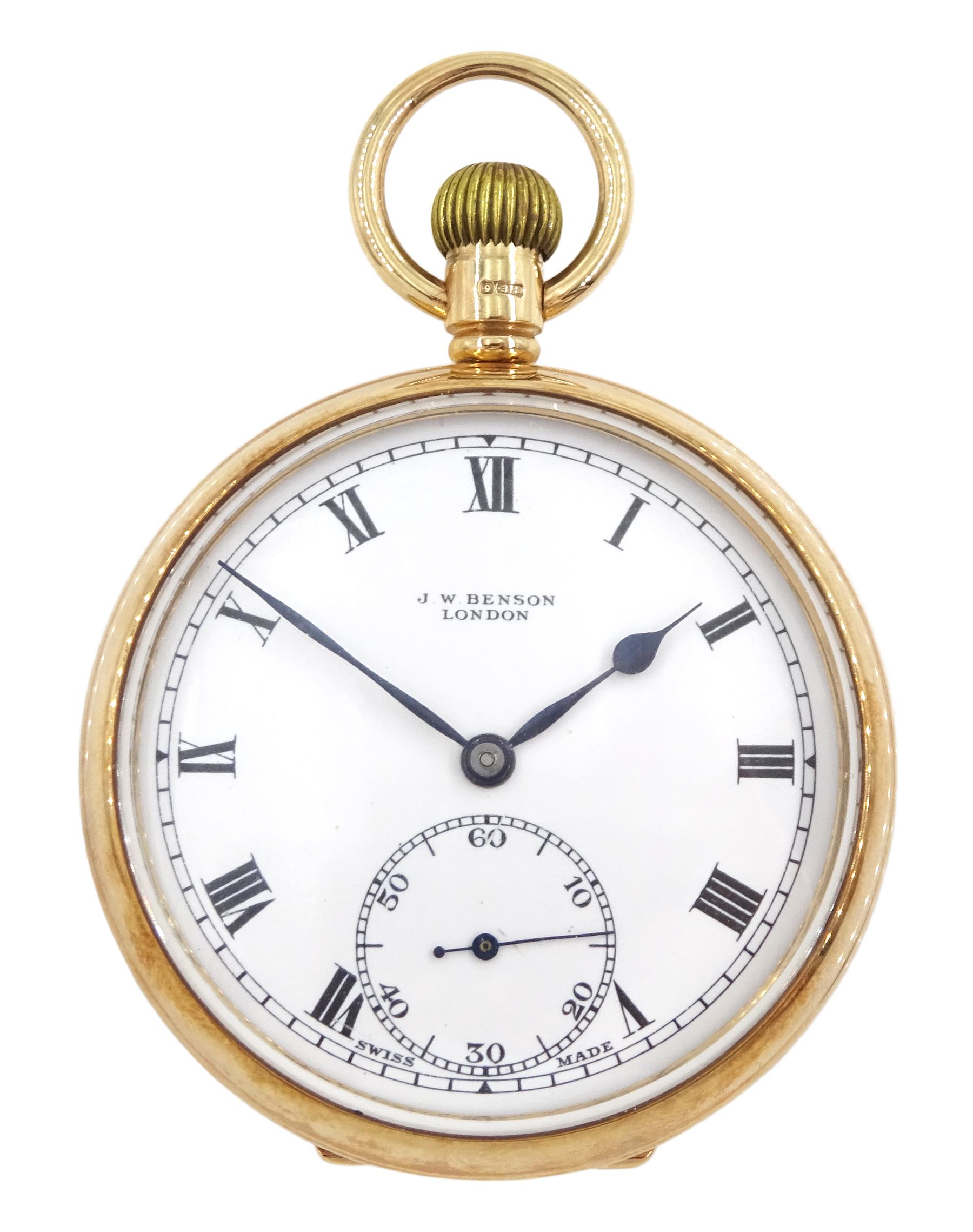 Early 20th century 9ct gold open face keyless lever pocket watch by J W Benson, London, white enamel dial with Roman numeral hour markers and subsidiary seconds dial, case by Dennison, Birmingham 1928